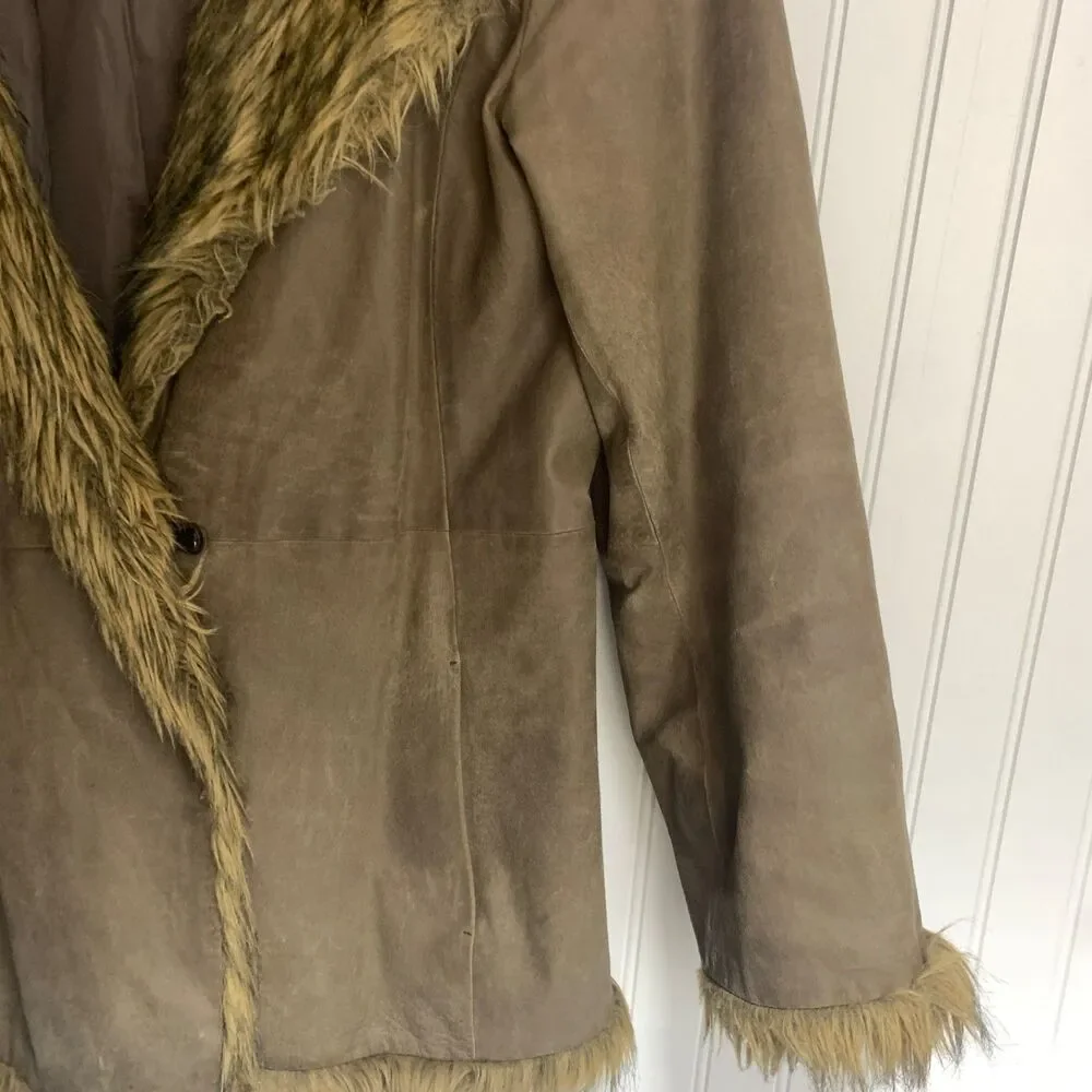 Vintage Newport News Leather Coat Womens M Brown Faux Fur Trim Y2K Boho - Picture 7 of 14